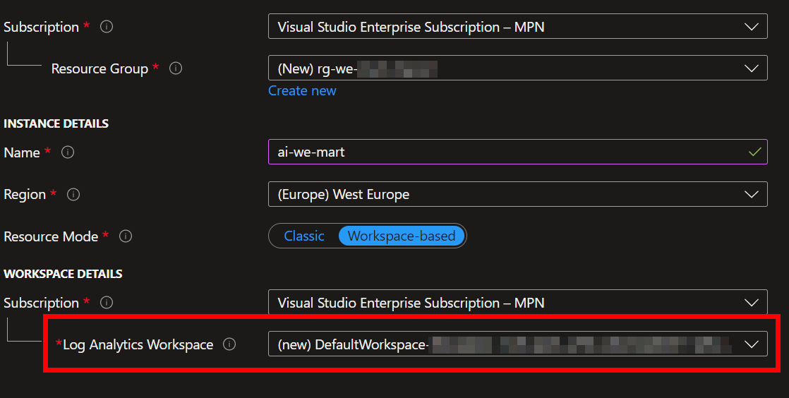 Create Application Insights workspace based
