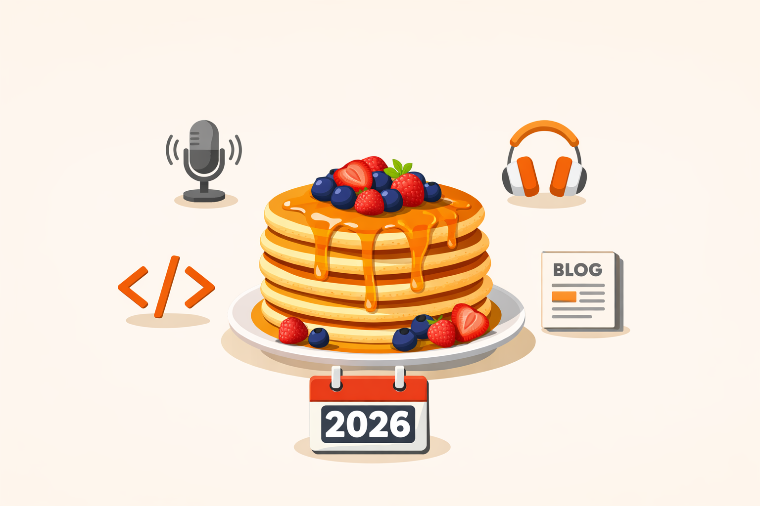 Pancakes stack with icons of microphone code, blog, headphones and calender