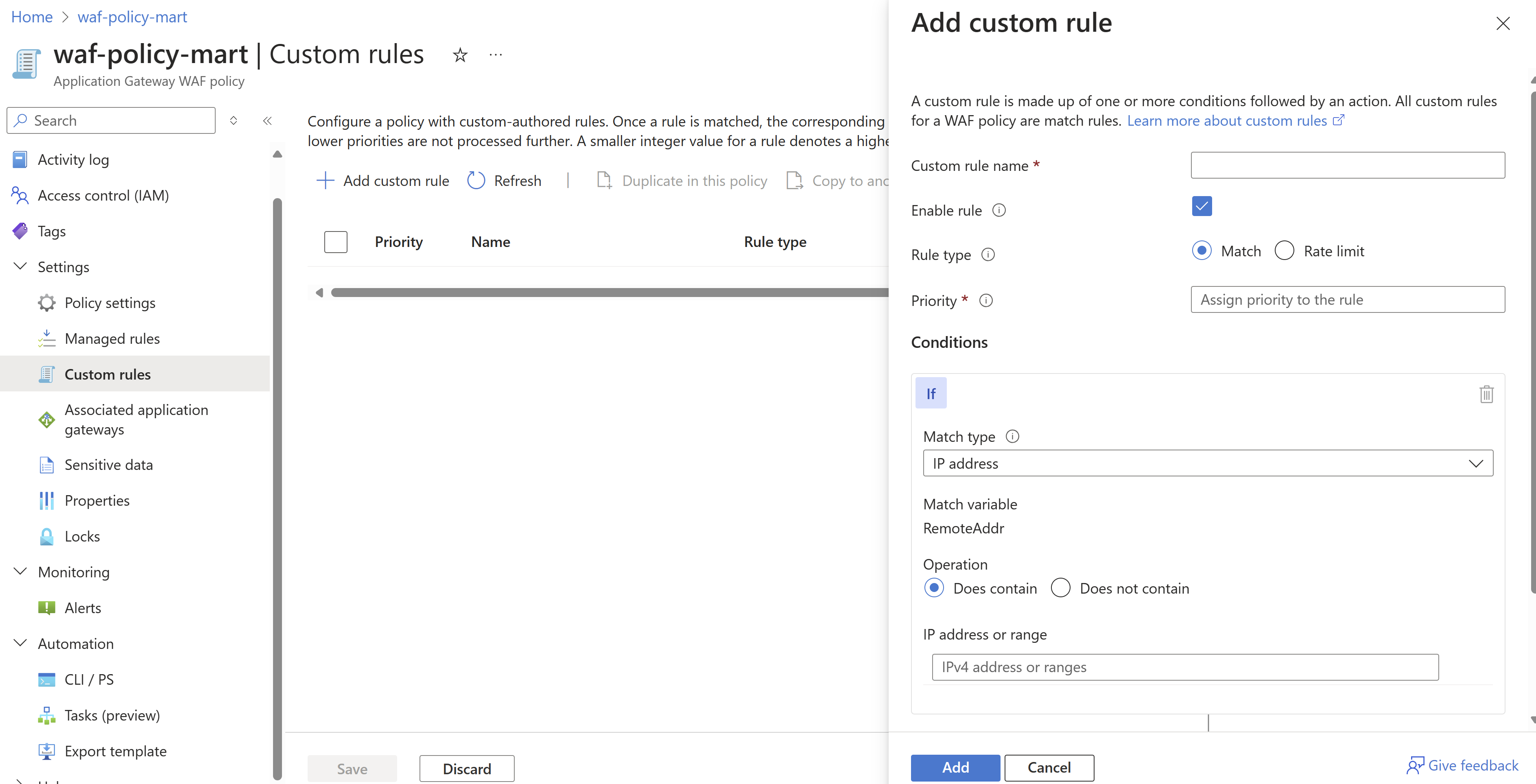 Showing custom policies of a WAF policy in the Azure Portal