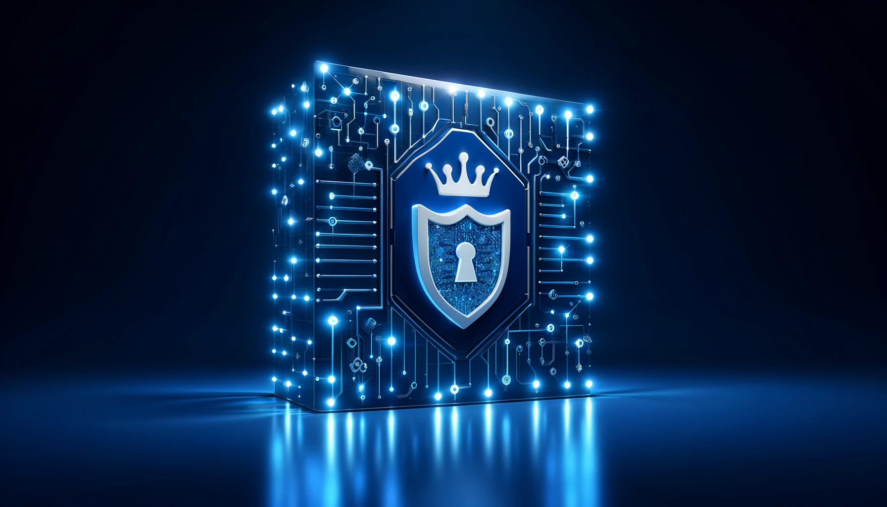 A modern, clean tech-themed cover image with a blue color scheme. The image features a digital wall composed of glowing blue circuitry patterns, symbolizing protection. Behind this digital wall, there is a crown, glowing with a soft blue light, representing an application firewall.