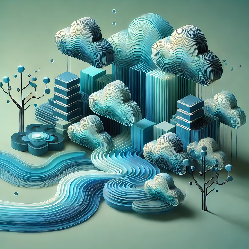 An abstract digital artwork representing versioning in cloud infrastructure. The design features dynamic swirling shapes and layered gradients in azure and teal tones. Stacked blocks and branching pathways subtly symbolize version control and progressive changes. The composition is minimalist and futuristic, evoking fluidity and modern technology.