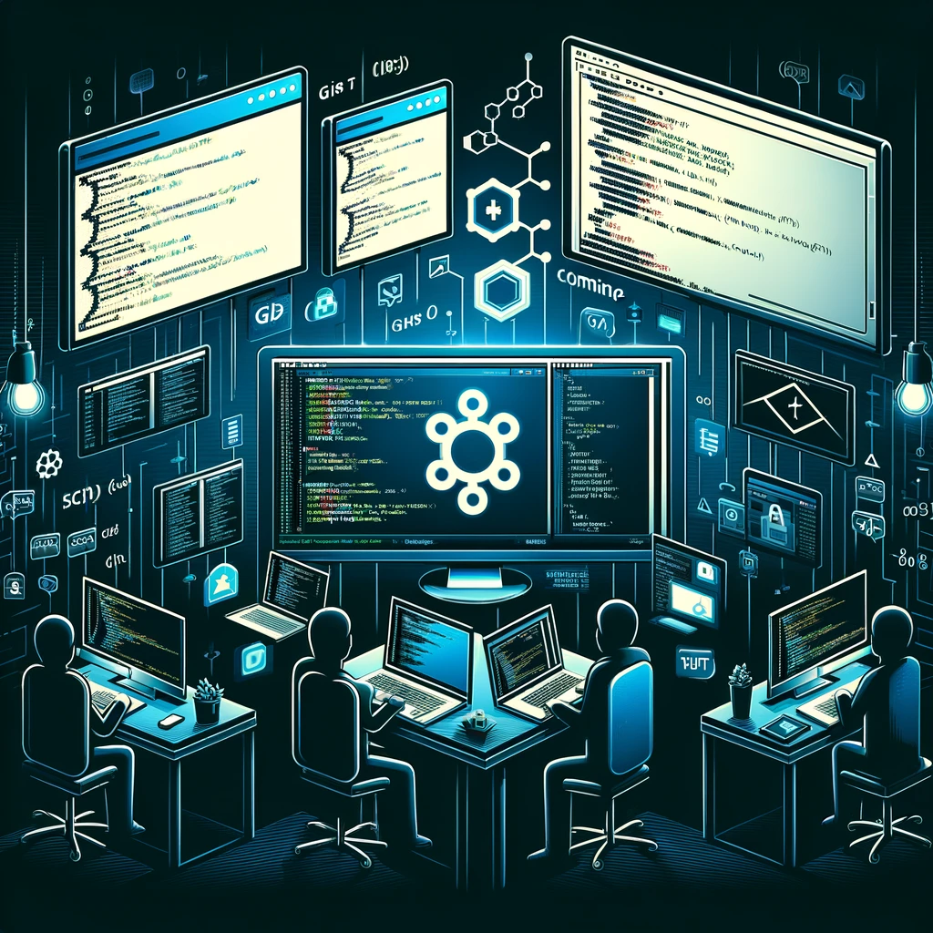 A digital workspace with multiple computer screens displaying code and command lines.