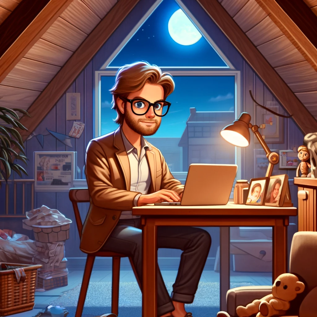 Cartoon-style illustration of a Caucasian man with brown hair and glasses, seated thoughtfully at a desk in an attic home office. The attic features a slanted roof with a small window through which moonlight streams in, enhancing the cozy yet cluttered setting with children’s toys and family photos. The image captures the late-night struggle of balancing productivity and family life, conveying a sense of mild stress and contemplation.