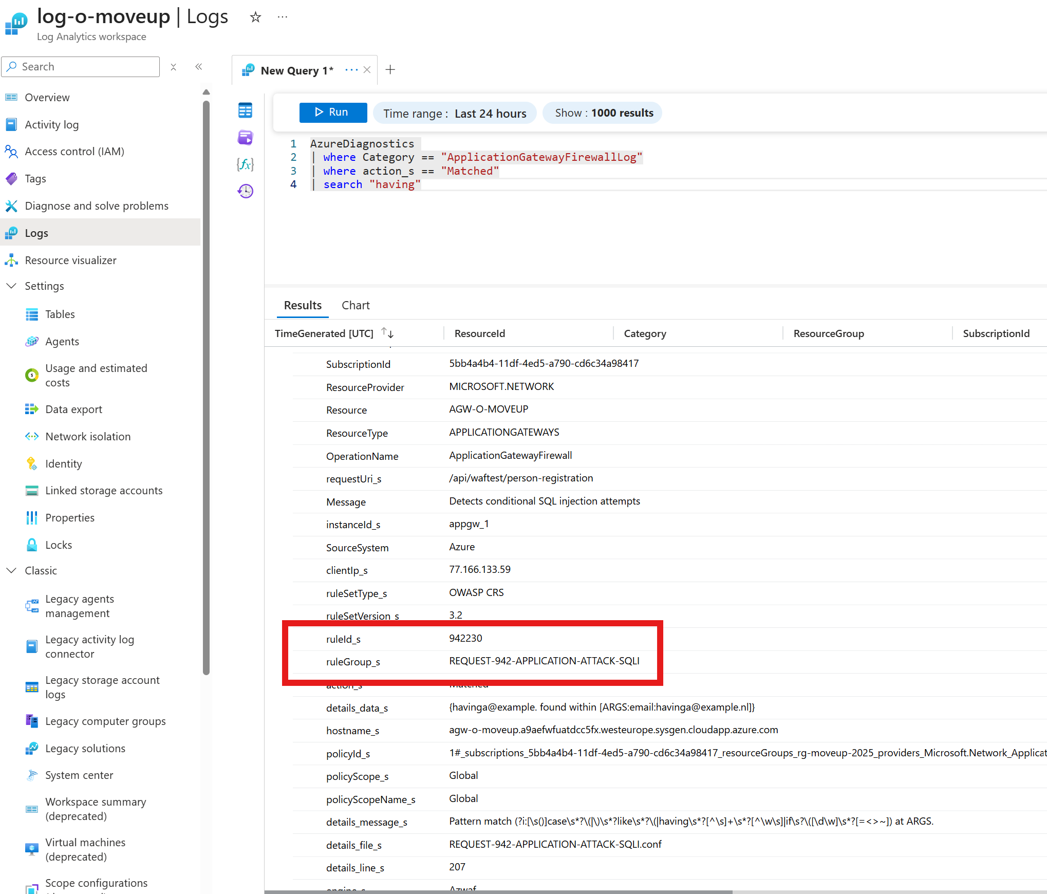 Found the ruleId 942230 in the Log analytics workspace